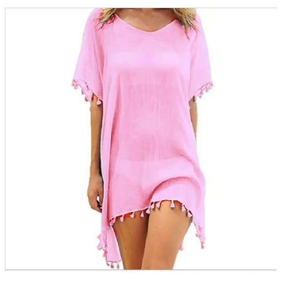 Bikini Cover up Swim Dress with tassels - Pink - Picture 2 of 2